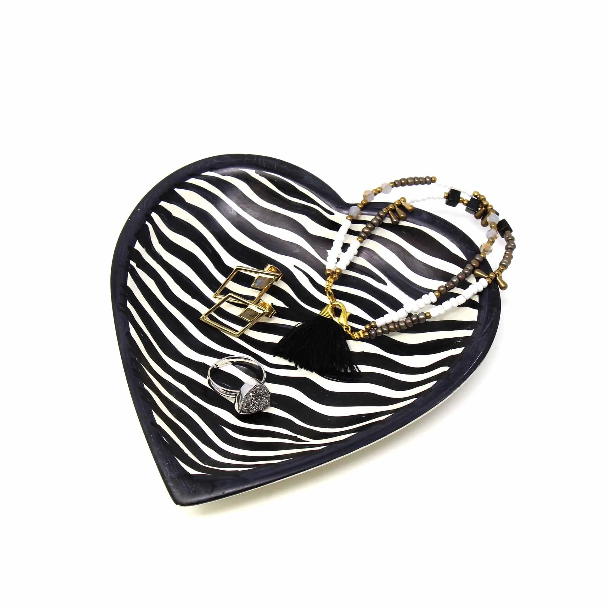 5-inch Soapstone Heart Shaped Dish Bowl - Zebra