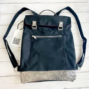 Backpack in Black Canvas, Gunmetal Floral Embossed