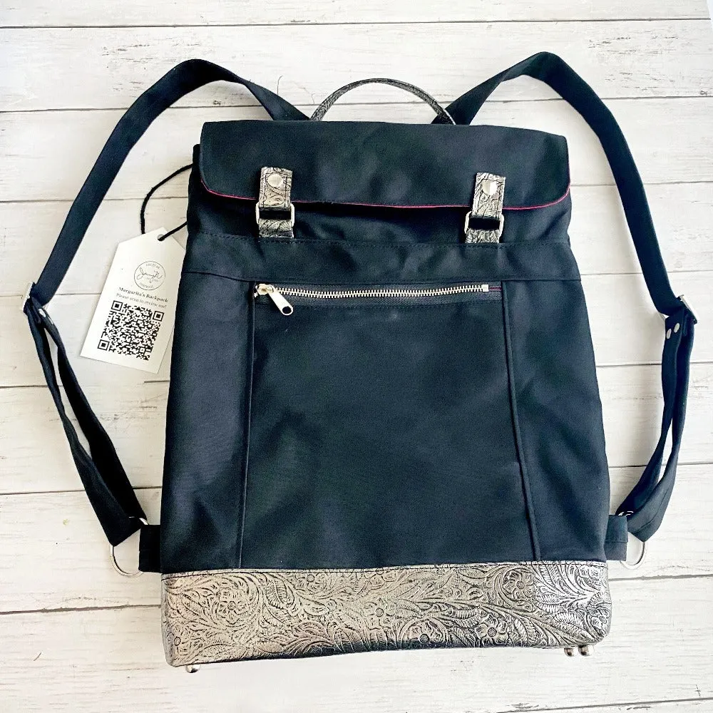 Backpack in Black Canvas, Gunmetal Floral Embossed