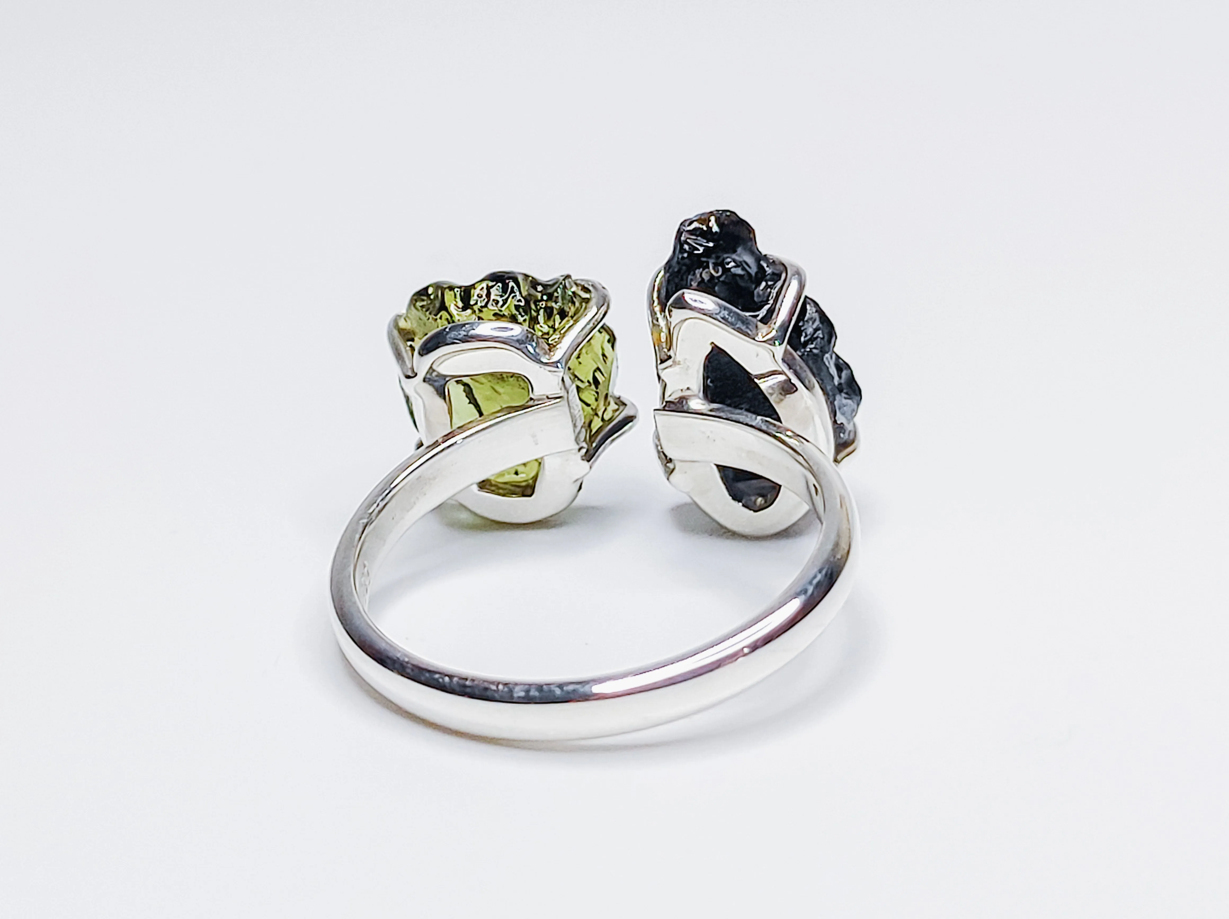 Certified Moldavite Tektite Double Stone Ring