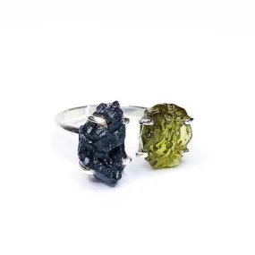 Certified Moldavite Tektite Double Stone Ring