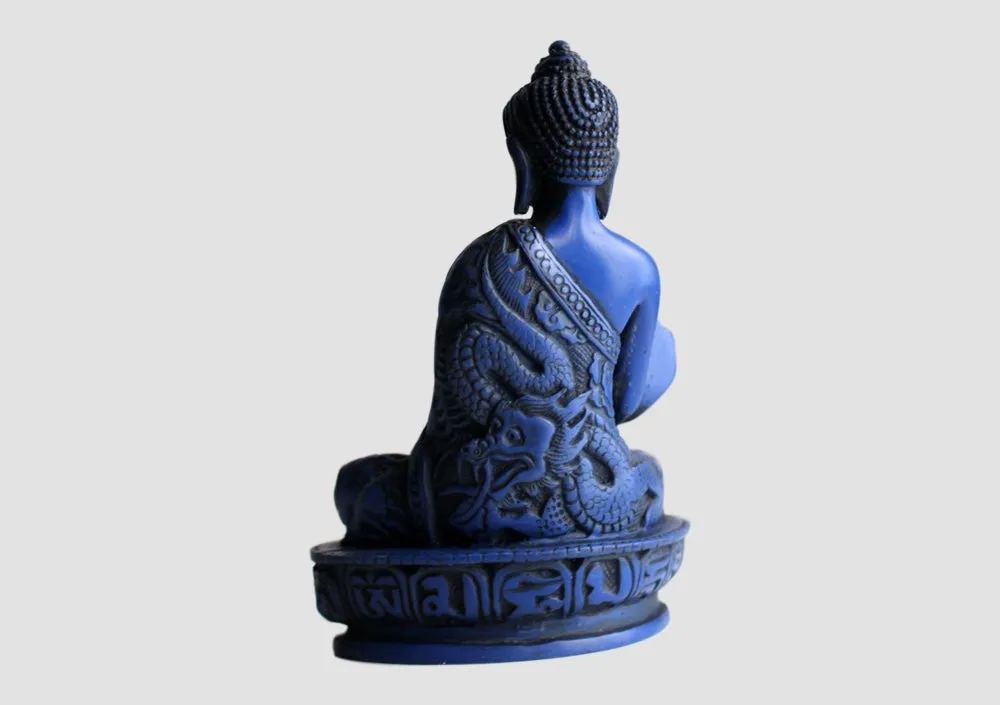 Dragon Carved Blue Color Resin Medicine Buddha Statue 5"