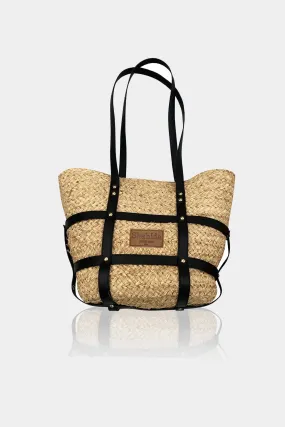 Embellished Black Strap Raffia Tote Bag