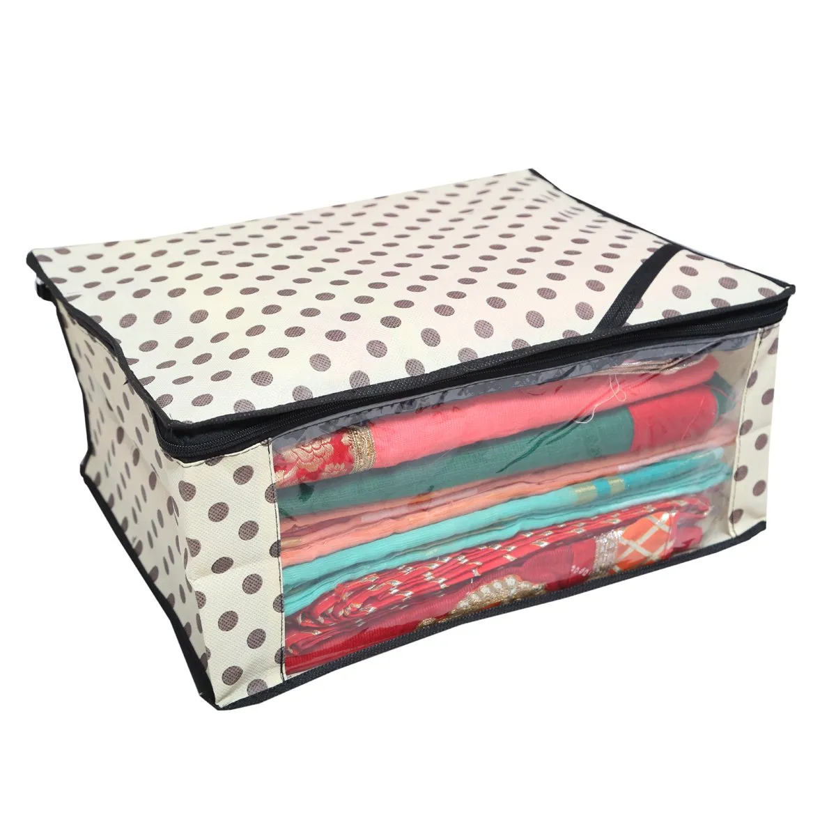 Kuber Industries Polka Dots Designer 3 Piece Non Woven Saree Cover Set, Ivory (NWSC09)