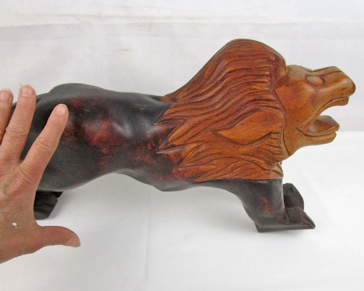 Large Hand Carved Wooden Lion Statue 1pc Vintage