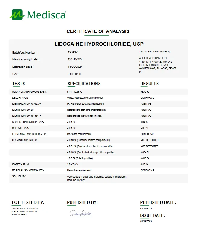 Lidocaine Hydrochloride USP For Compounding (API)