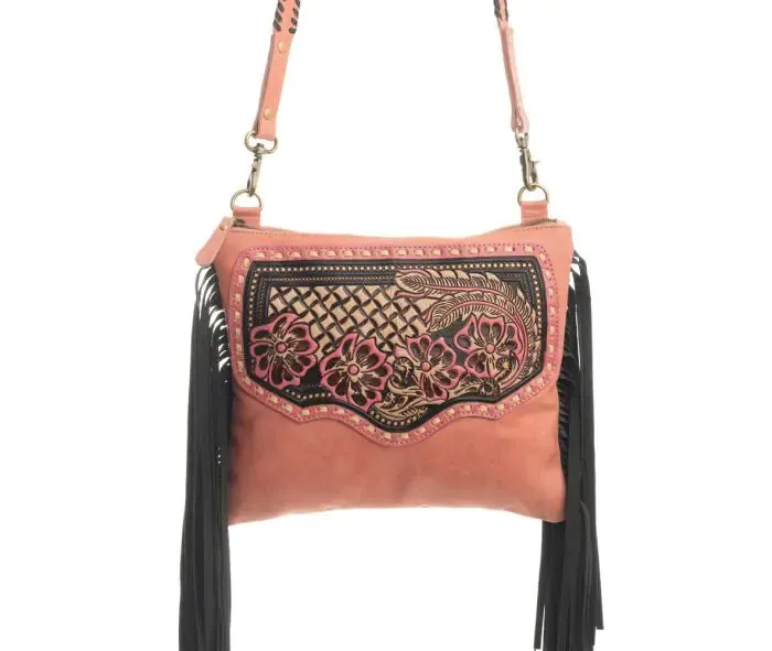 Millstone Fringed Hand-Tooled Bag in Pink S-9602