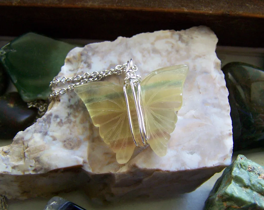 Natural Rainbow Fluorite Carved Butterfly Gemstone Wire Wrapped Pendant