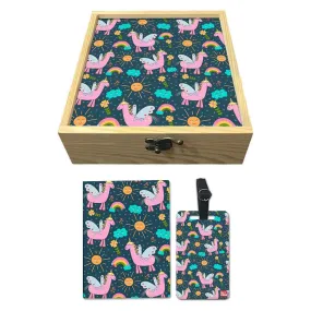 Passport Holder Cover For Kids Luggage Tag Wooden Gift Box Set - Unicorn And Sun