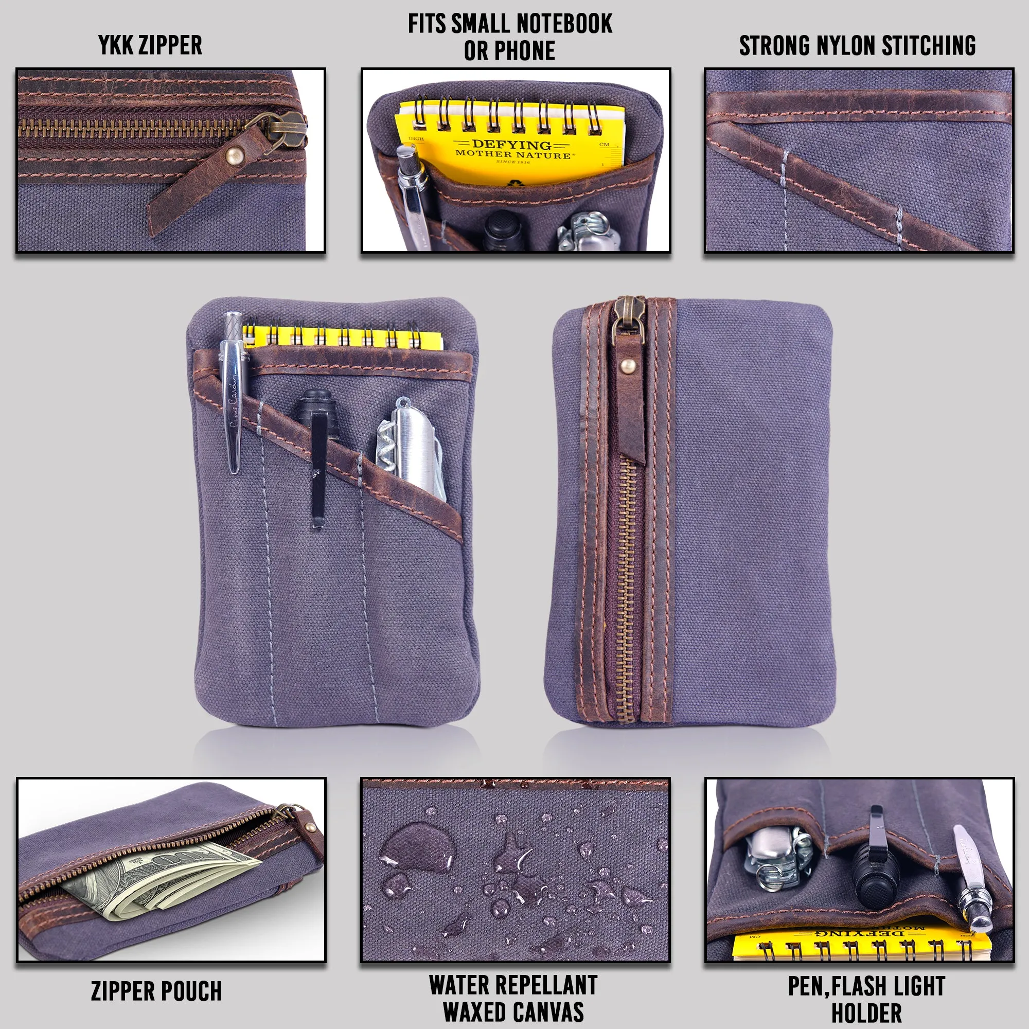 RAWHYD Waxed Canvas EDC Pocket Organizer with zipper pouch (6” x 4” x .5”)