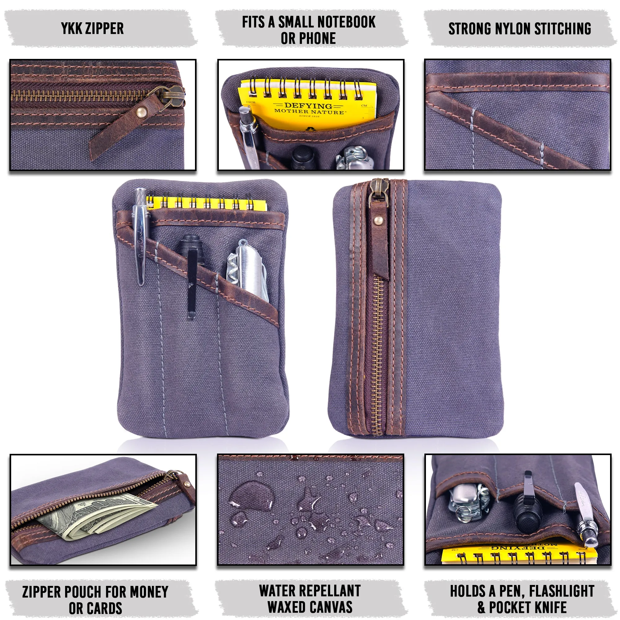 RAWHYD Waxed Canvas EDC Pocket Organizer with zipper pouch (6” x 4” x .5”)
