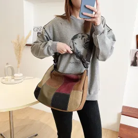 Sohiwoo Large Capacity Crossbody Bag Colorblock Canvas Hobo Bag Vintage Stitching Shoulder Bag