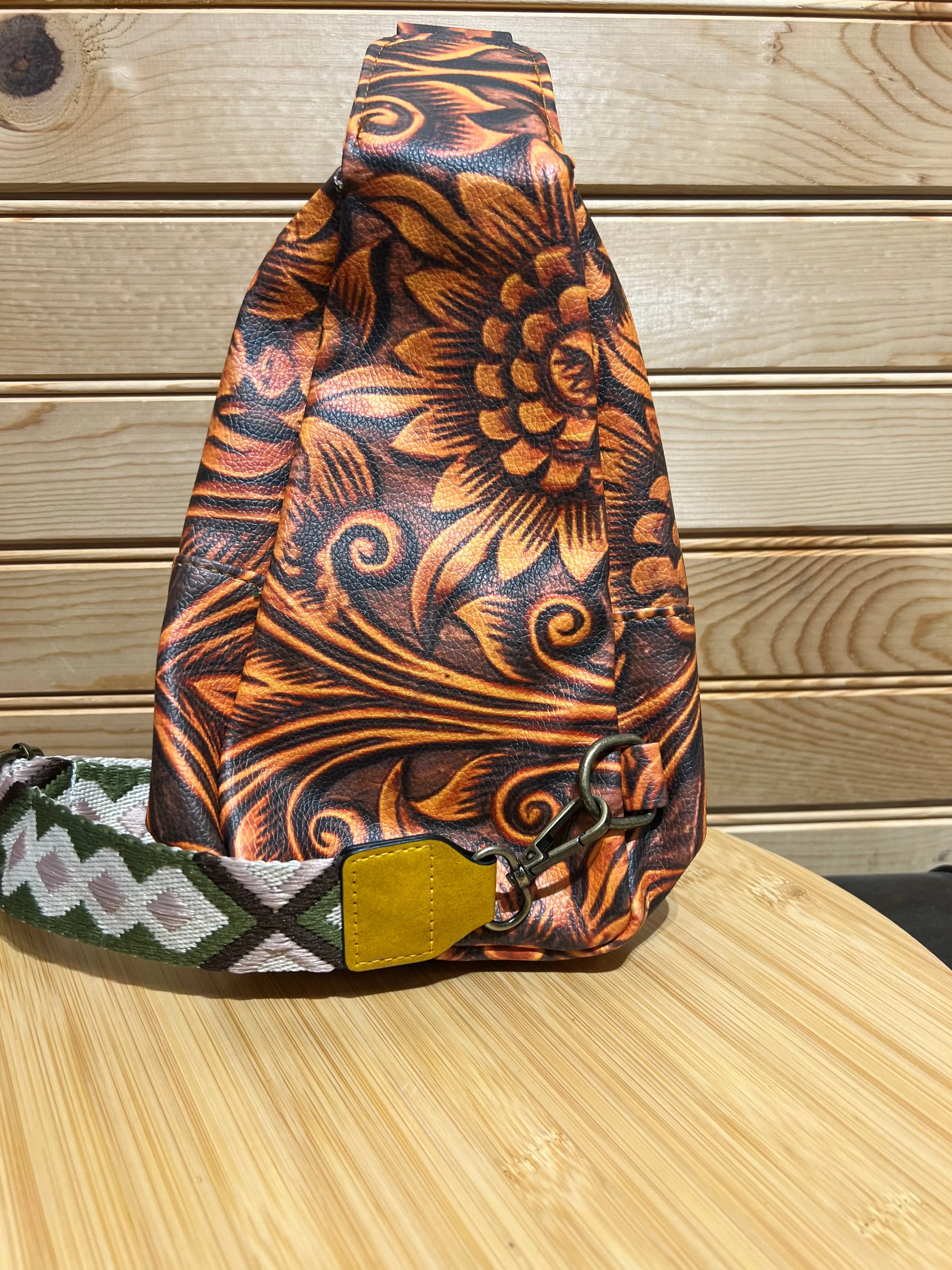 Vegan Leather Sling Bag - Brown Sunflower design