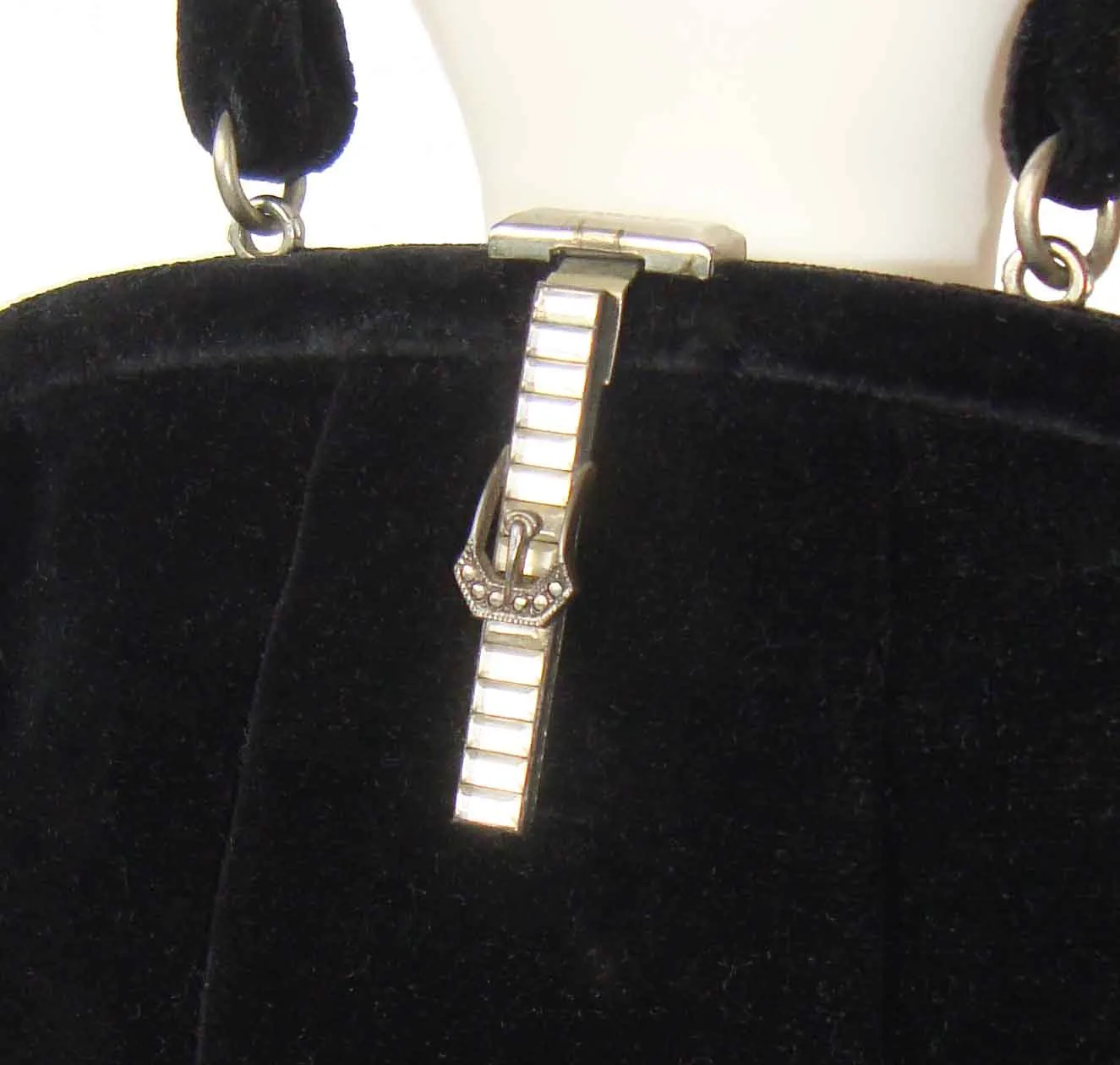 Vintage 30s Black Velvet Cocktail Bag & Coin Purse with Rhinestone Novelty Clasp
